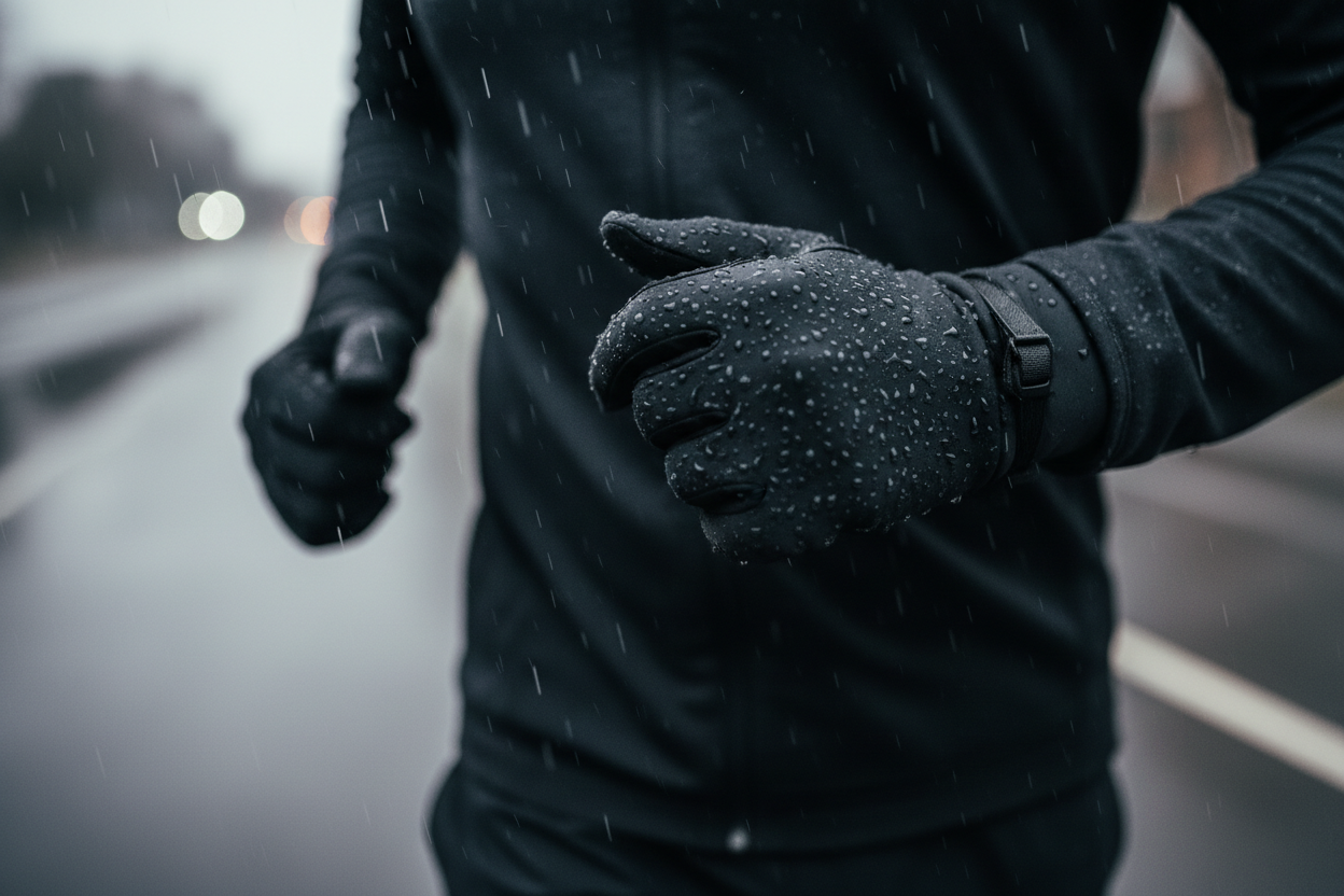 Jogger mit Handschuhen im Regen